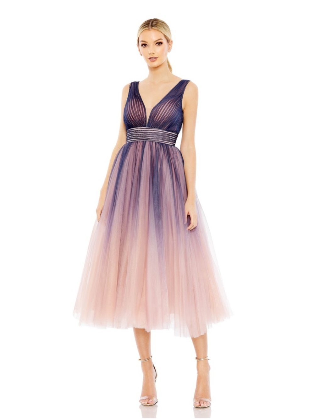 Mac Duggal 20403 Purple Ombre Sleeveless V Neck Midi Dress Size 4 NWT